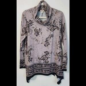 One World Sweater Large Paisley Grey Beige Cowl Neck Long Sleeve Assymetrical